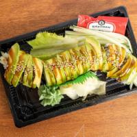 Dragon Roll · Grilled eel and imitation crab roll topped with avocado slices and Japanese bbq sauce.