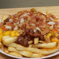 Loaded Fries · Our fries loaded with chili, cheese, onions, giardinara, bacon
