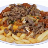 Loaded Steak Fries · Large order of fries topped with chili, cheese, grilled onion, giardiniera peppers, and a he...