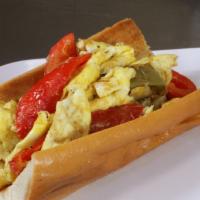 Pepper And Egg · Our sweet peppers cooked to perfection with eggs.
On French Bread.

A CLASSIC!