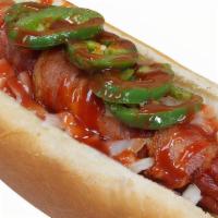 Fried Bbq Jalapeno Dog (New!) · Vienna hot dog wrapped in bacon and deep fried.
Topped with fresh grilled jalapenos and onio...