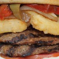 Saganaki Double Burger · Double burger patties topped with saganaki, green peppers, and grilled onions.
On bun with t...