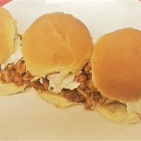 Bbq Pulled Chicken Sliders · Rotisserie chicken in a delicious bbq sauce, topped with coleslaw