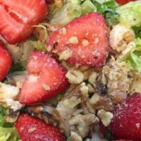 Pam'S Strawberry Chicken Salad · Individually packaged. Romaine with grilled chicken, strawberries, walnuts, and creamy poppy...