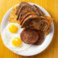 Cozy Breakfast Special · 2 eggs, hash browns, ham, bacon or sausage (links or patty) with toast.
