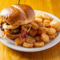 Cozy Burger · Bacon and cheddar cheese with onions right on top. Served with ranch or BBQ sauce.