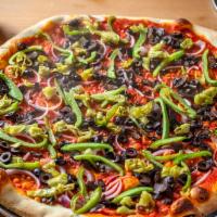 Mary Wilson · Bell peppers, red onions, mushrooms, black olives, and pepperoncini, with mozzarella cheese ...