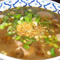 Beef Stew Soup · Rare slice of steak, beef stew, beef tripe, beef ball in Thai style beef broth with bean spr...