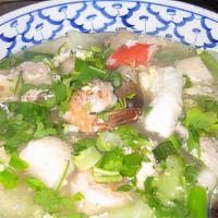 Sukiyaki · Bean threads noodles, egg, combination of seafood, seafood ball, beef, chicken, pork, vegeta...