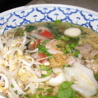 Egg Noodle Soup · Special egg noodle with pork, shrimp, crab meat, seafood balls and bean sprout.