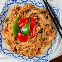 Curry Fried Rice · Stir fried rice with curry, coconut milk, mint, red pepper, green pepper, onion, baby corn, ...