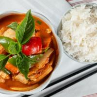 Red Curry · Spicy. Choice of meat and mixed vegetables in our red curry sauce.
