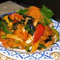 Pad Phed Pla Duk · Spicy. Fresh catfish stir fried with mixed vegetables in spicy Thai herb sauce.