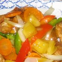 Tropical Sweet & Sour Chicken · Tropical sweet and sour chicken or shrimp fresh selected chicken breast dipped in lightly ba...