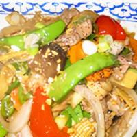 Happy Baby Corn · Choice of meat with baby corn, green onion, water chestnut, and carrot in our tasty garlic s...