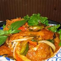 Pla Rad Prig · Spicy. Choice of fish red snapper, tilapia, deep-fried, and topped with sautéed vegetables. ...