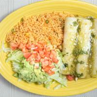 Enchiladas Verdes · Three chicken enchiladas with green sauce, served with rice and a guacamole salad