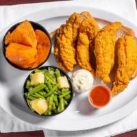 Fried Perch Fish (4Pc) · Our Deep Fried Ocean Perch Fillets are Seasoned and Cooked to Perfection Served with Two Sma...