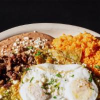 Chilaquiles · Tortillas cut into quarters & lightly fried, your choice of red or green sauce, toped with m...