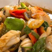 Sweet Basil Special · TOP OF THE LINE! Stir-fried sea scallop, jumbo shrimp and calamari prepared with fresh Thai ...