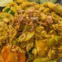 Yellow Fried Rice W/Cuc Salad · Fried Rice with yellow curry seasoning, egg, onion, carrot, bell pepper, celery and your cho...