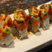 Dynamite Roll · Imitation crabmeat, cucumber, cilantro, Thai basil; topped with spicy tuna, jalapeno, spicy ...