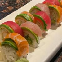 Rainbow · California roll topped with rainbow of fresh assorted sashimi