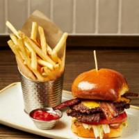 Steak Burger · thin pressed USDA Prime double patties, applewood smoked bacon, American cheese, 1000 island...
