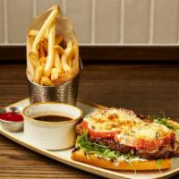 Ribeye Sandwich · open-faced, French baguette, Gorgonzola crusted broiled beefsteak tomatoes, arugula, creamy ...