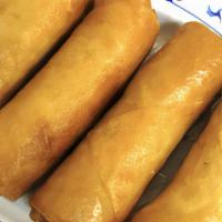 # 3 - Egg Rolls · (4 pcs) Filling made with glass noodle, onion, carrot, cabbage, and grounded pork.  Sweet & ...