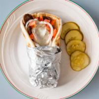 Gyro Sandwich · A blend of lamb & beef seasoned to perfection, served on pita bread with onion, tomato & sid...