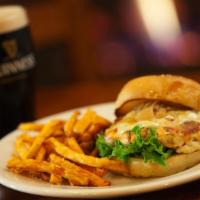 Bbq Chicken Sandwich · Bacon, pepper jack cheese, lettuce, tomato, onion, roasted garlic aioli, toasted bun & shoes...