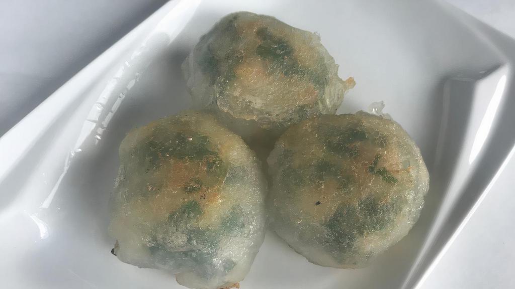 Gin Har Bang (3) · Pan fried shrimp and chive dumplings.