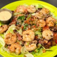 Grilled Shrimp Salad · Grilled shrimp with fresh iceberg lettuce, chopped tomatoes, shredded Cotija cheese, and bac...