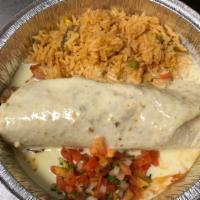 Burrito Roqueta · One burrito filled with fajita-style chicken and topped with nacho sauce. Served with rice a...