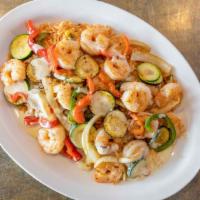 Camaron Jalisco · Grilled shrimp cooked with zucchini, bell peppers, onions, and tomatoes. Served on a bed of ...