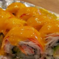 Fire Craker · Shrimp tempura, crab salad, avocado, on top with crab stick , spicy mayo torch