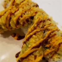 Heart Attack · Deep fried jalapeño stuffed with Spicy tuna, Cream cheese with cucumber, crunch on top with ...