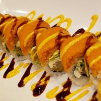 American Dream · Shrimp tempura, avocado, cucumber, cream cheese topped with spicy tuna salad, house sauce, s...
