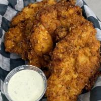 Chicken Tenders · Three  golden fried and breaded chicken tenders with your choice of ranch, honey mustard, or...