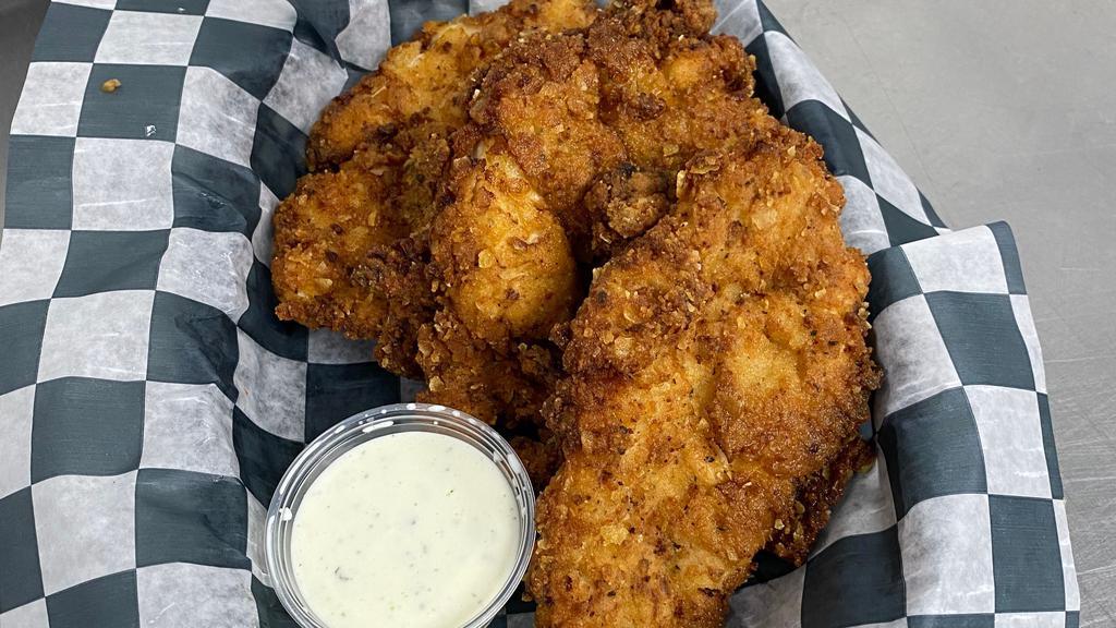 Chicken Tenders · Three  golden fried and breaded chicken tenders with your choice of ranch, honey mustard, or BBQ.