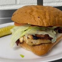 Kingston Ciabatta · A ciabatta bun with grilled chicken, smoked bacon, swiss cheese, lettuce, tomato, and our ho...