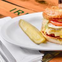 D Mac Burger · A farm field burger patty, smoked bacon, fried egg, swiss cheese, American cheese, lettuce, ...
