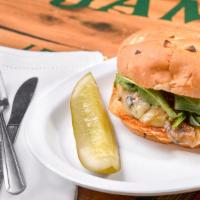Mighty Gibson · A farm field burger patty, pepper jack cheese, sauteed onions, mushrooms, and jalapeños, top...