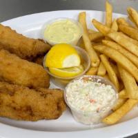 Fish & Chips · Three pieces of lightly battered cod served with tartar sauce.