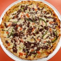 Mexitalian - Extra Large · A spicy Mexican-style pizza made with homemade salsa Verde. Topped with asada (steak), tomat...