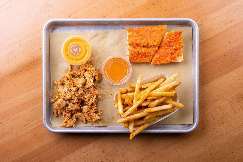 Kids Meal · Build your own Kids Plate: Choice of boneless half-portion protein, Tomato Garlic Toast, choice of 1 side, 1 sauce, and milk or juice.