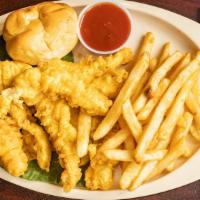 Chicken Strips · Four crispy chicken strips  served with ranch or BBQ sauce.