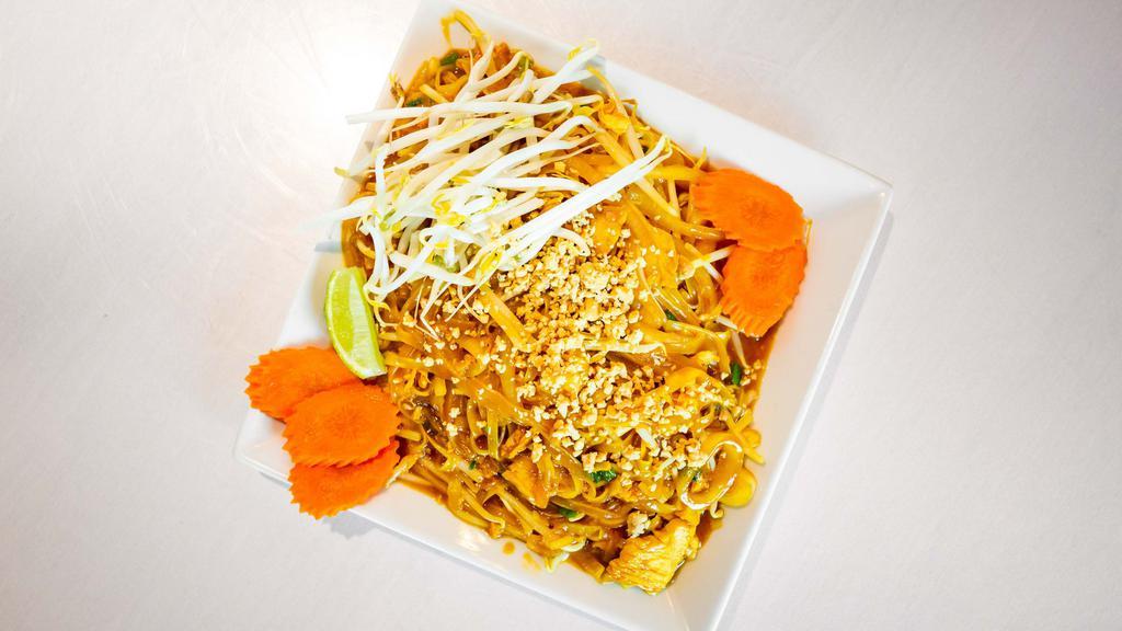 Pad Thai · Contain eggs and nuts. Thai rice noodles prepared with scallion, onion, egg, bean sprout and ground peanut.
