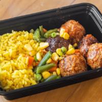 Bbq Chicken Meatballs, Rice & Mixed Veggies · Calories 327, carbs 26 g, protein 22 g, fat 15 g.